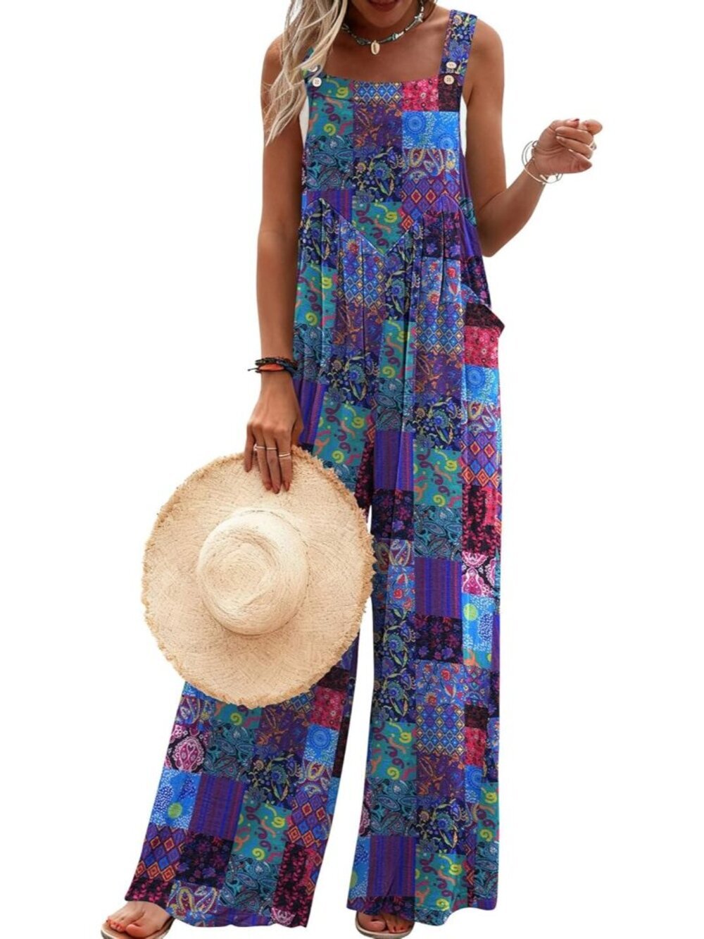 Women's Boho Floral Blue Loose Wide Leg Jumpsuits Baggy Rompers with Pockets